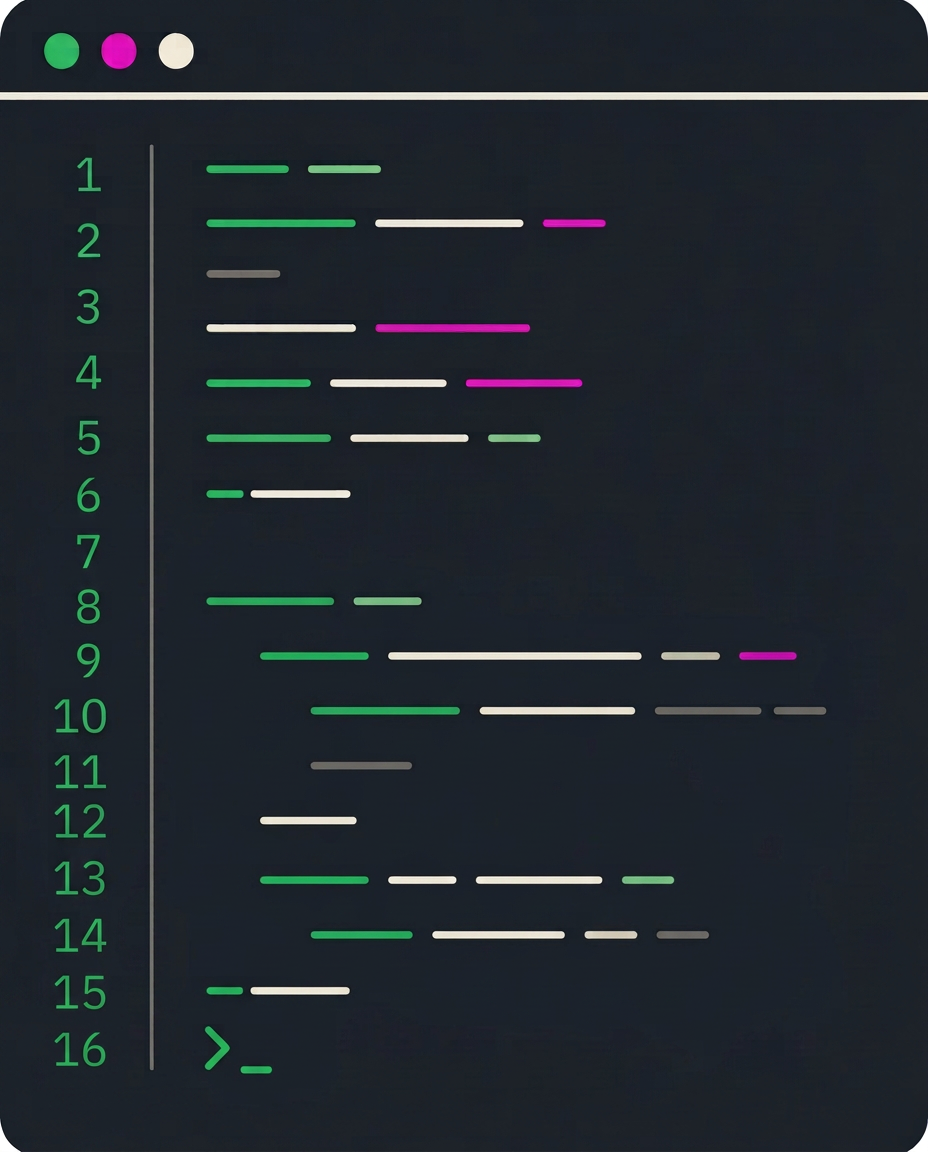 Black terminal showing numbered code lines